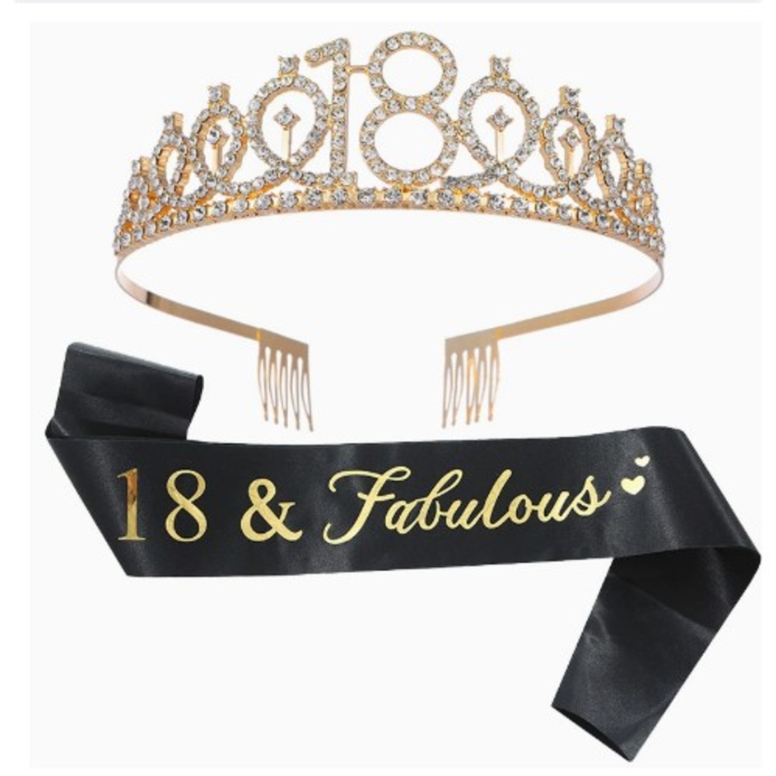 Set 2 Piese pentru Majorat, Flippy, 15 x 13 x 5 cm, Coronita Printesa Gold si Panglica 18&Fabulous, Negru