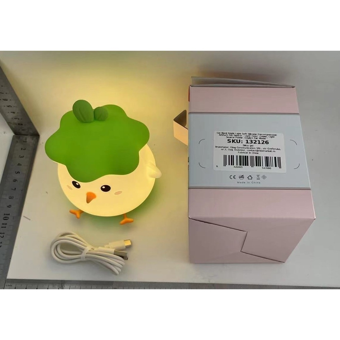Lampa de Veghe pentru Copii, Flippy, din Silicon, Senzor Tactil, Model Pui, Lumina Calda, Protectie pentru Ochi, Incarcare USB, Capacitate Baterie Incorporata 800mAh, 11 x 10 x 12.4 cm, Verde