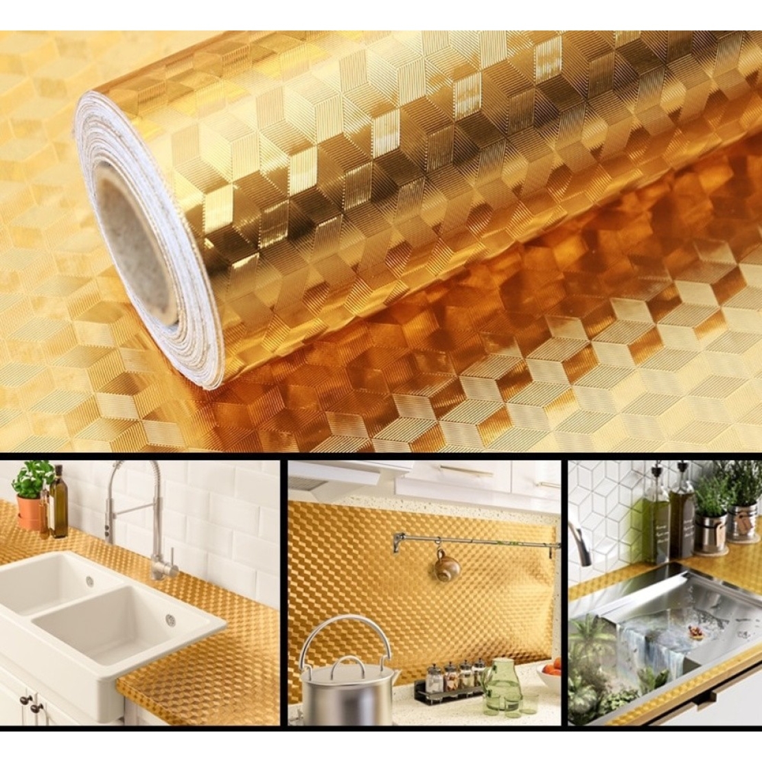 Autocolant de Bucatarie, Flippy, Autoadeziv, Impermeabil, Rezistent la Temperaturi Ridicate, din PVC, 60 x 100 cm, Model Cub 3D, Auriu