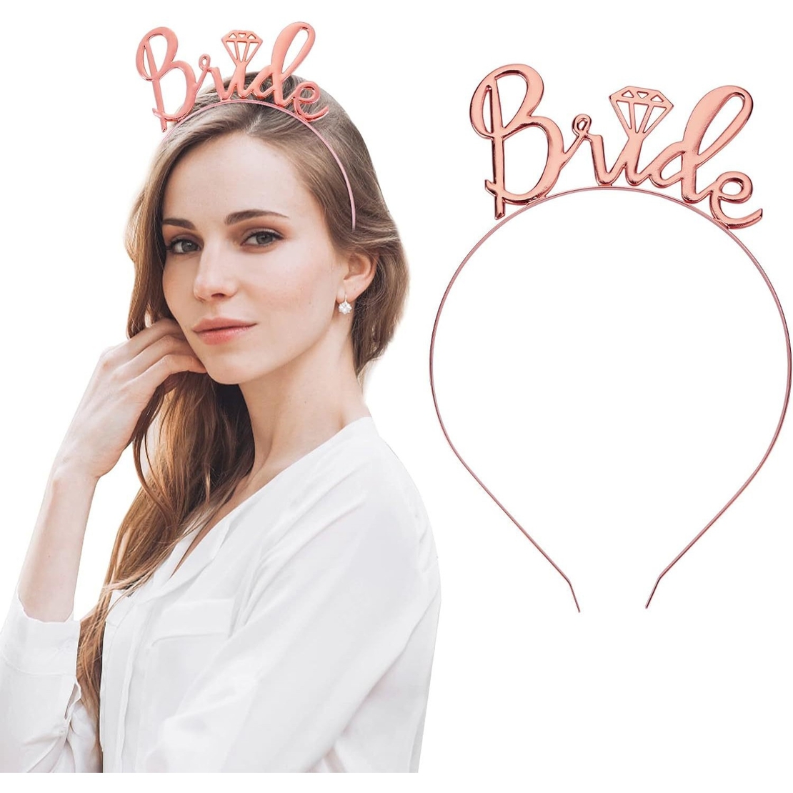 Set de Accesorii pentru Mireasa, Flippy, Coronita, Panglica, Stickere, Voal, Model Bride To Be, Tematica Nunta, Alb-Roz