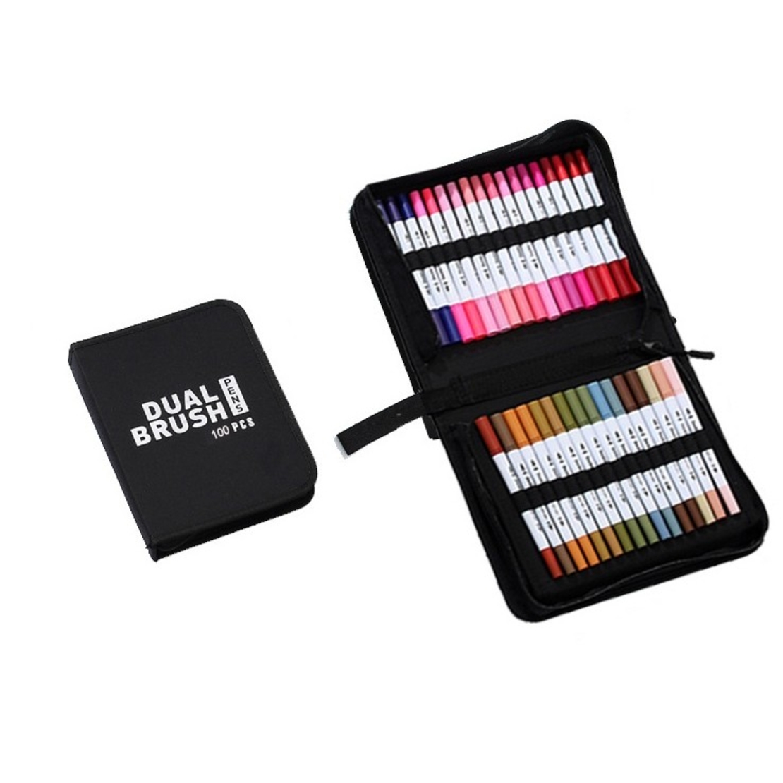 Set Carioci pe Baza de Apa, Flippy, 2 in 1, pentru Pictura, Caligrafie, 100 Culori, Penar Negru, Corp Carioca Alb, 23.5 x 19.5 x 7.5 cm, Multicolor
