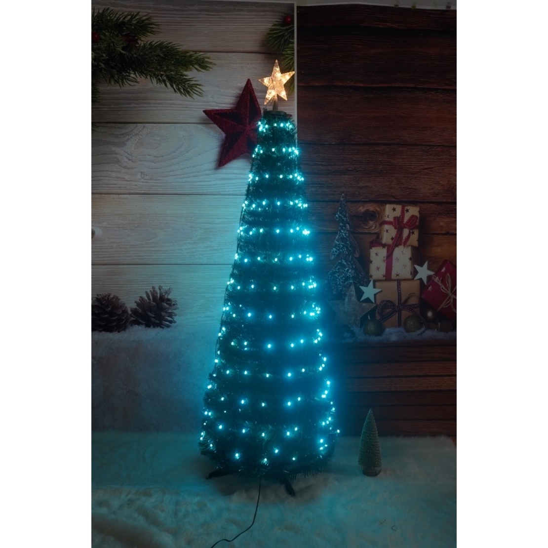 Brad artificial Pop-Up Flippy, cu instalatie integrata, Lumini RGB, Suport inclus, Stea luminata, 304 Led, 180 cm, Material PVC, Verde