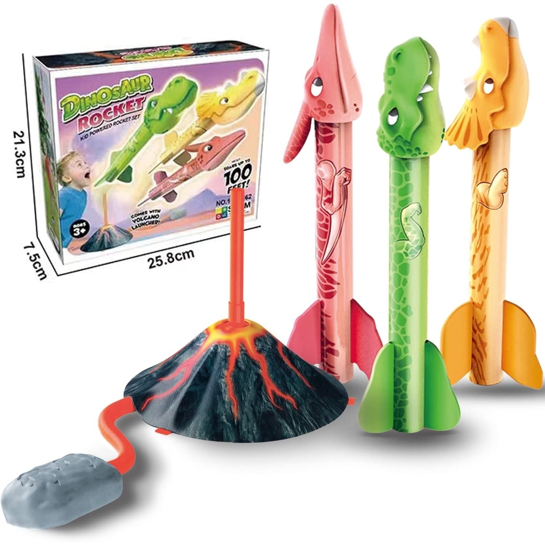 Jucarie pentru Copii, Flippy, Lansator de Rachete cu Piciorul, un Singur Lansator, 3 Rachete Donozauri cu Lumini, 30 cm Inaltime, Model Vulcan, Multicolor