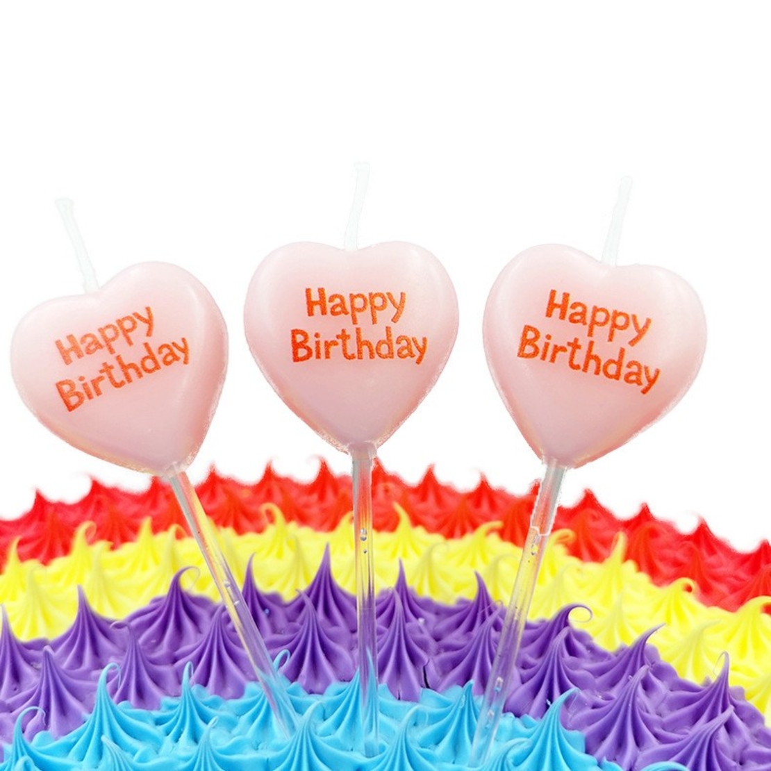 Set 5 Lumanari de Tort, Flippy, Model Inima, Text Happy Birthday, 2.5 x 2.5 cm, din Ceara, Multicolor