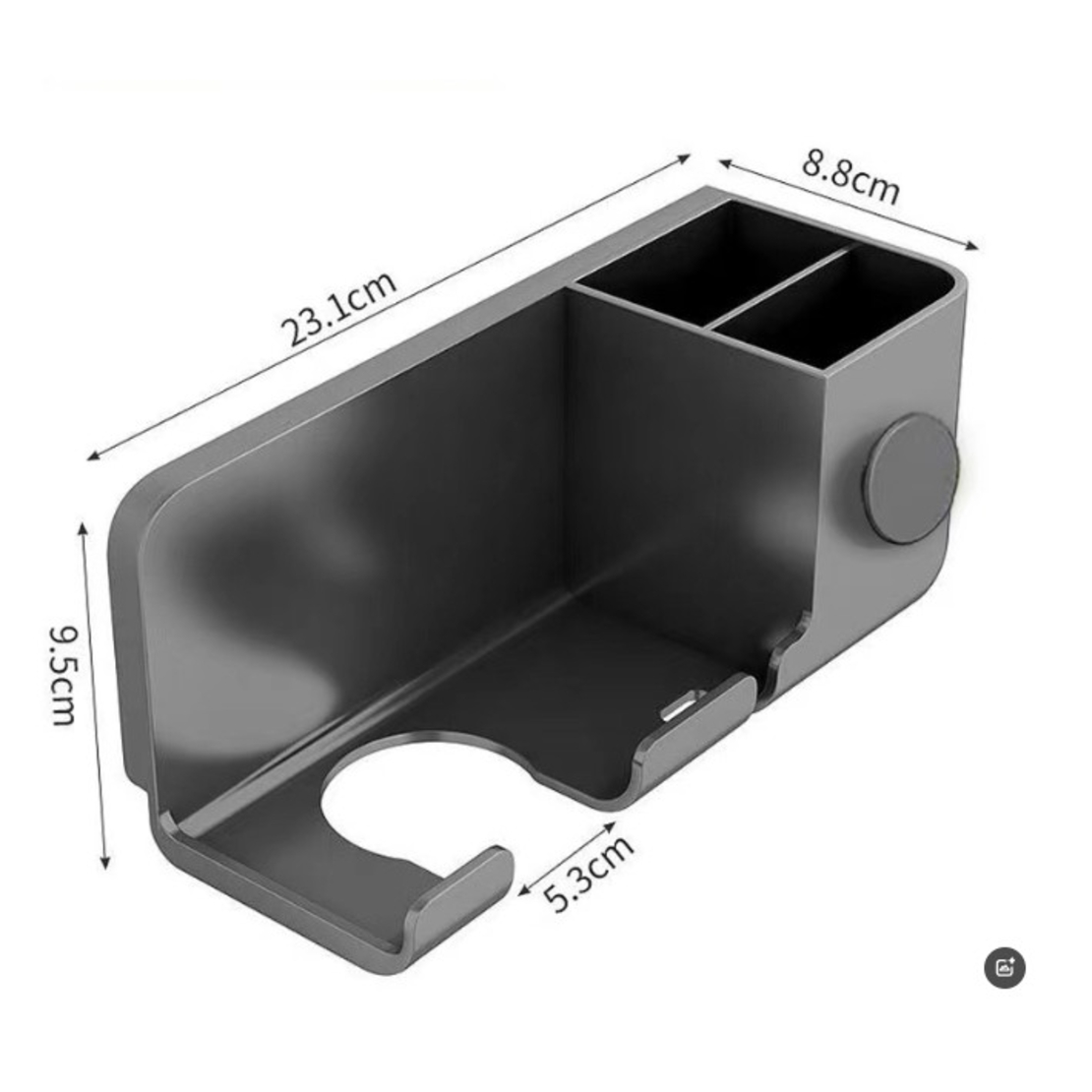 Suport de Baie, Flippy, pentru Uscator de Par, cu Organizator Dublu, din Plastic, Aplicare cu Suport Adeziv, 23 x 8.8 x 9.5 cm, Gri
