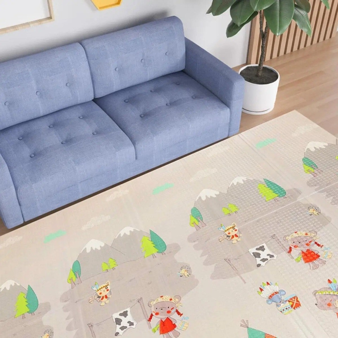 Covoras pentru Copii, Flippy, cu 2 Fete, Model Maimute/Indieni, din XPE+PE, Impermeabil, Antiderapant, Protectie Termica, +3 Luni, Pliabil, 150 x 200 x 1 cm, Multicolor