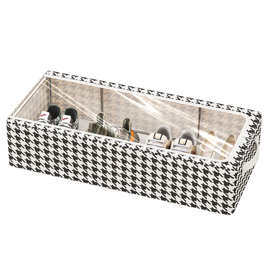 Cutie Depozitare cu Cadru Metalic, Flippy, pentru Incaltaminte, Haine, Lingerie, Fermoar Calitativ, Fereastra Transparenta, Manere Laterale, 60 x 30 x 16 cm, Alb Negru