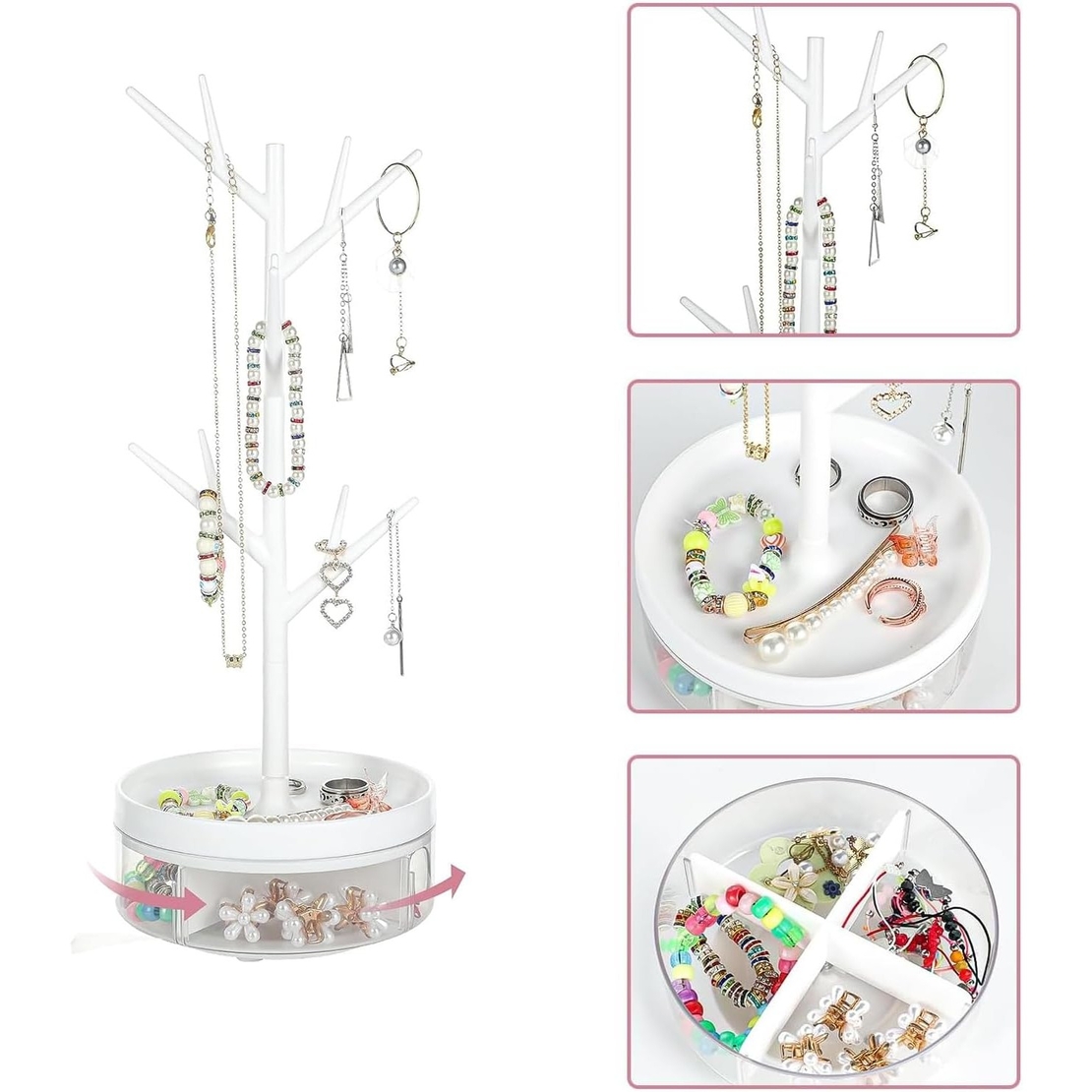 Cutie de Bijuterii, Flippy, Rotativa, cu Suport Tip Ramura, 36.5 x 14 cm, din ABS+PP, Alb