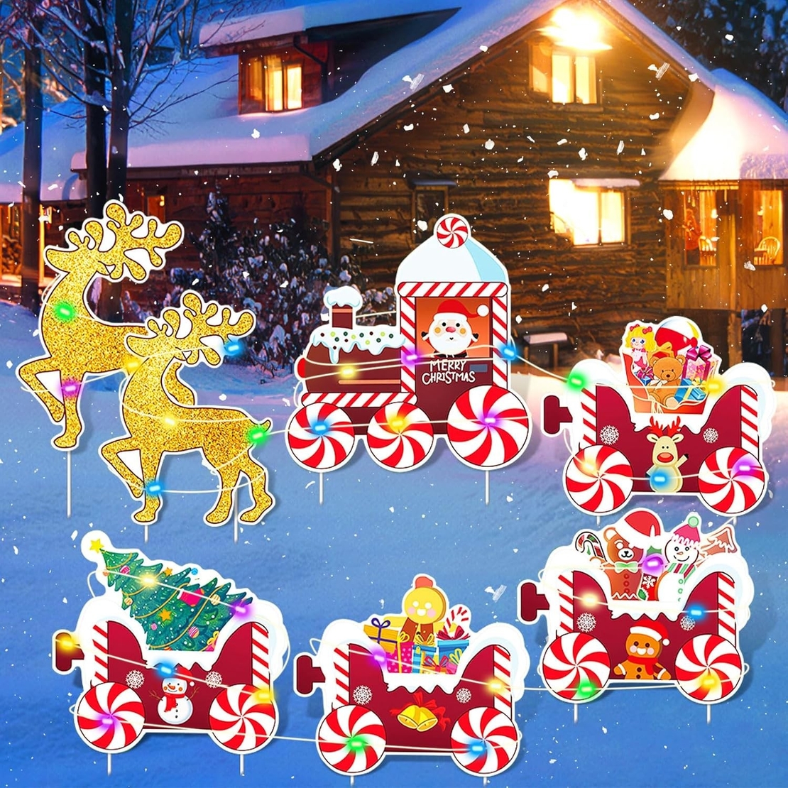 Decoratiune de Craciun, Flippy, pentru Gradina, Tip Trenulet, 7 Figurine + Bete de Infipt in Pamant, din Plastic, Impermeabil, Model Renii Joy si Noel, Multicolor