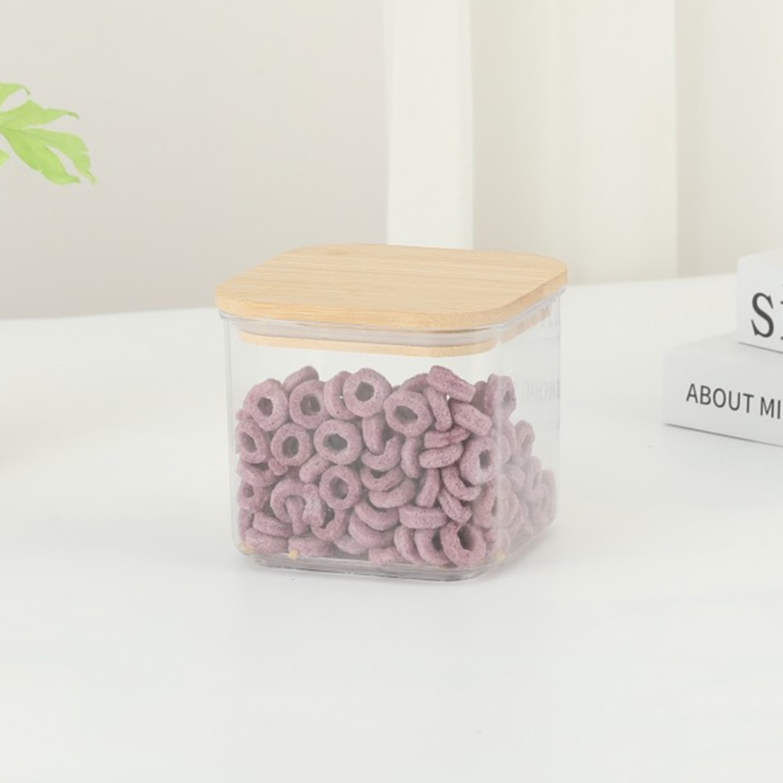Cutie de Depozitare Alimente, Flippy, Cutie de tip Container, Cutie pentru Cereale, din Plastic, Capac din Bambuc, 10 x 10 x 8 cm, Volum 0.5 L, Transparenta
