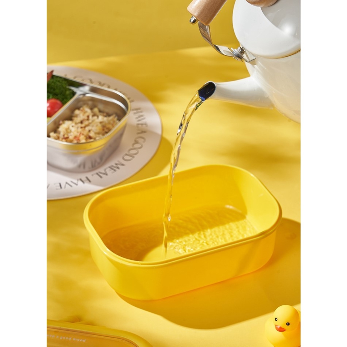 Cutie pentru Pranz sau Gustari, Flippy, cu Doua Compartimente, Model Ratusca, pentru Copii si Adulti, Etansare, PP, Perfect pentru Scoala si Birou, 1000 mL, 22.5x14.5x8 cm, Galben