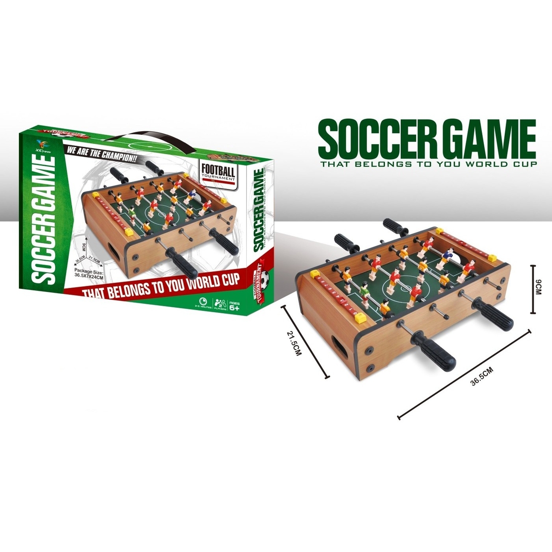 Masa de Fotbal cu Teren, Flippy, fara Picioare, 4 Manere, Tablou de Scor, 36.5 x 24 x 7 cm, din Lemn/Otel/ABS, Maro