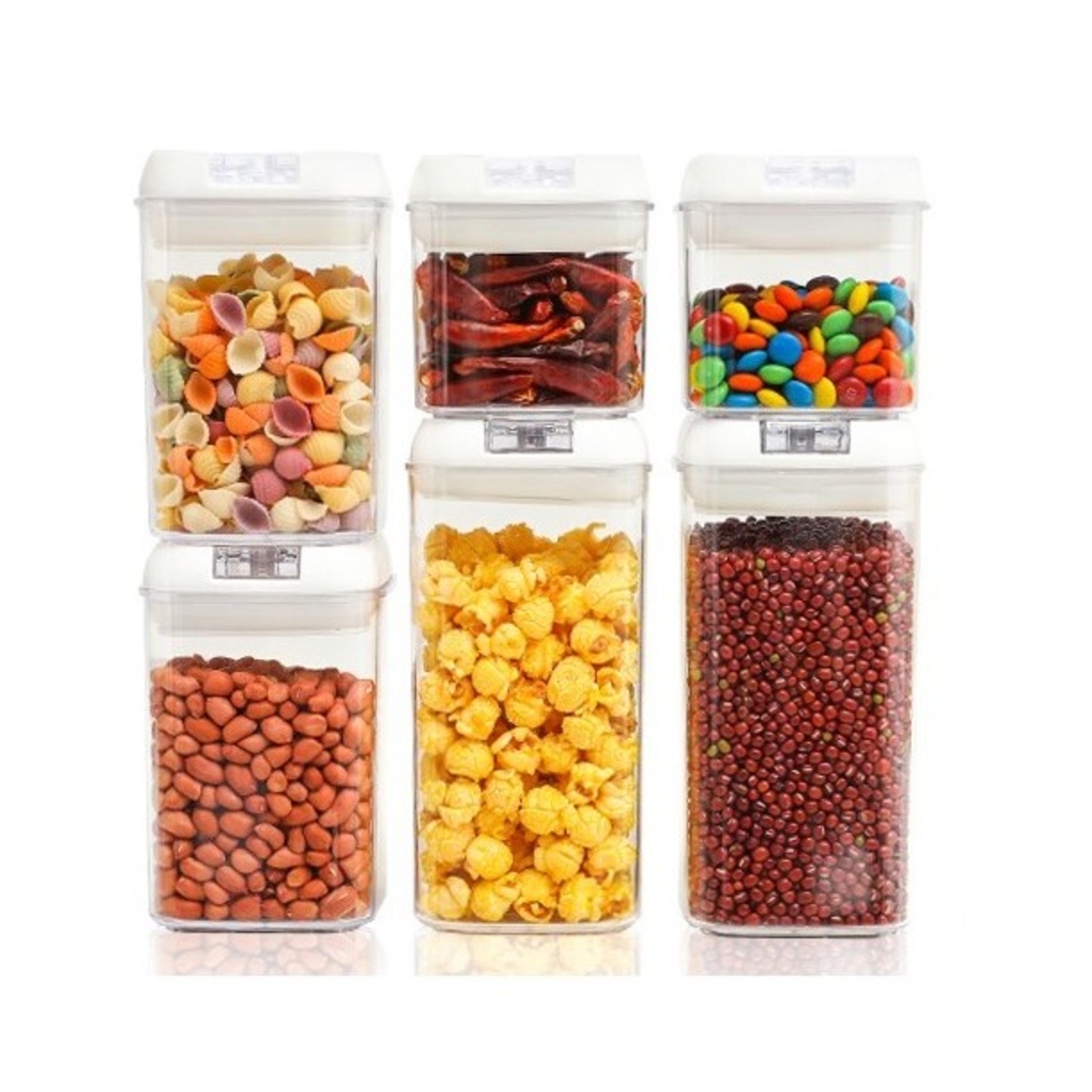 Set 6 Recipiente din Plastic, Flippy, pentru Alimente/Obiecte, Inchidere Ermetica, 2 x 0.5l, 2 x 0.8l, 2 x 1.2l, Capac Alb, Transparent