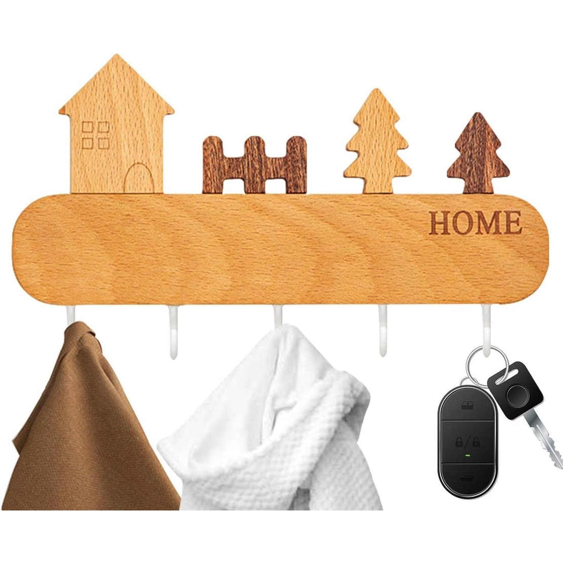 Suport pentru Chei, Flippy, din Lemn, Aplicare fara Perforare, Adeziv Inclus, 5 Carlige Albe, Model Casuta, Greutate Suportata 5 kg, 13.5 x 23 cm, Maro