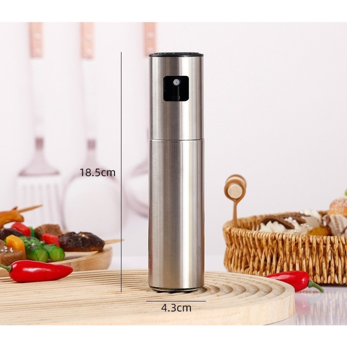 Pulverizator Ulei, Otet, Flippy, din Otel Inoxidabil, 100 ml, Reincarcabil, 18.3 x 4.3 cm, Argintiu