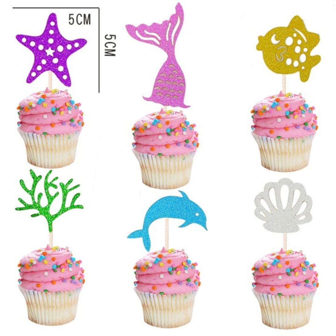 Set Toppere pentru Tort si Prajituri, Flippy, Tematica Sirena, Model Mare Scris Happy Birthday 16.5x8.2 cm, 6 Toppere Mici Model Marin 5x5 cm, Multicolor