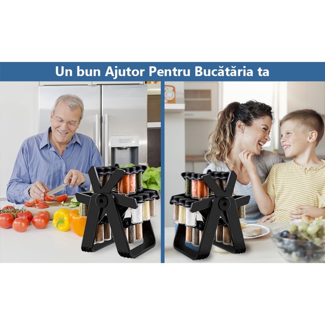 Suport Pentru Condimente Rotativ, Flippy, Multifunctional, Pivotant 360°, Portabil, Usor de Montat, 34x23 cm, ABS/Sticla, Negru