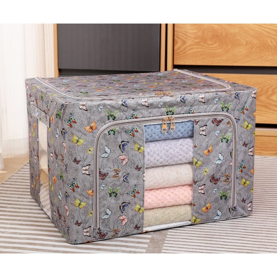 Cutie Depozitare, Flippy, 66L, din Material Textil, 50 x 40 x 33 cm, pentru Haine si Lenjerii, Model Fluturasi, Gri Inchis