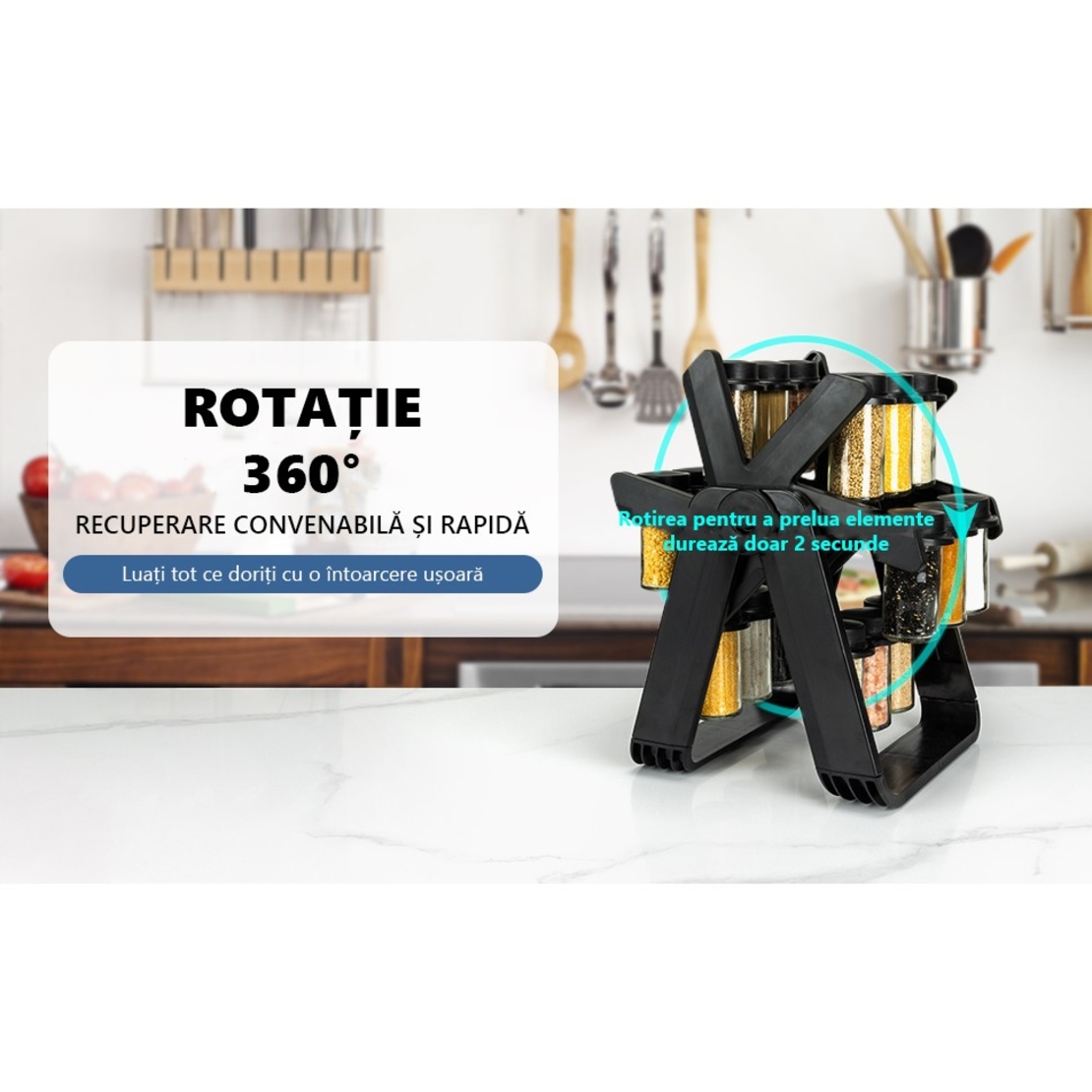 Suport Pentru Condimente Rotativ, Flippy, Multifunctional, Pivotant 360°, Portabil, Usor de Montat, 34x23 cm, ABS/Sticla, Negru