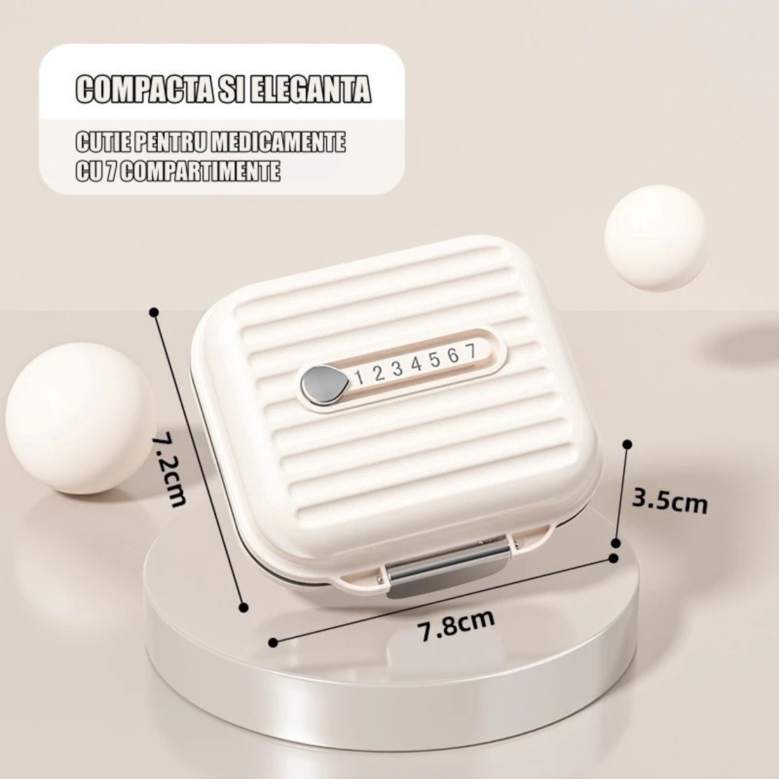 Cutie Medicamente, Flippy, Bej, 7 Compartimente, Portabila si Compacta, 7.8x7.2x3.5 cm, Ideala pentru Uzul Cotidian