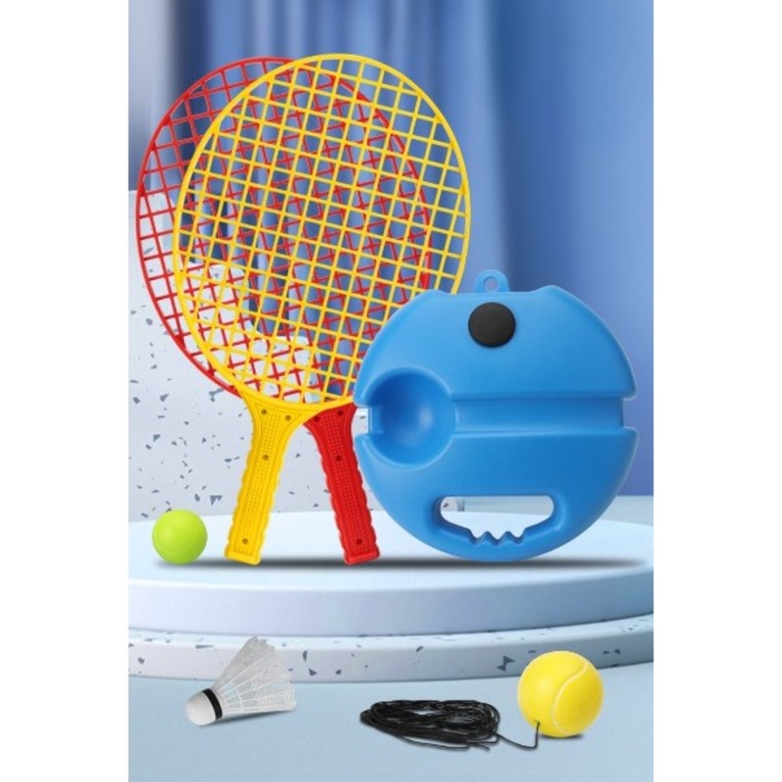 Set Badminton pentru Copii, Flippy, Doua Palete, Fluturas, 2 Mingi, Minge cu Elastic pentru Antrenament, Suport de Prindere Stabil, 40.5x23 cm, Rosu Galben