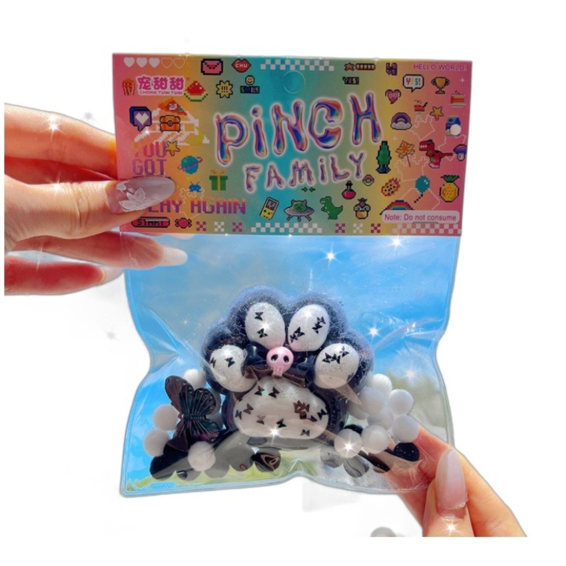 Jucarie Antistres Squishy, Flippy, cu Revenire Lenta, Squeeze Pinch Family, Model Cat Paw, Ambalaj Transparent, Alb/Negru