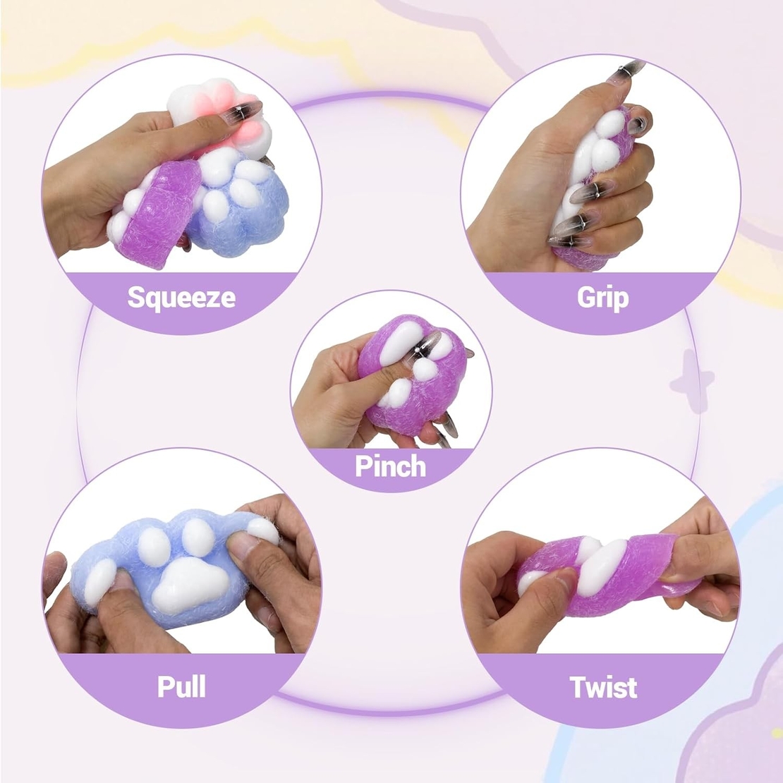 Jucarie Antistres Squishy, Flippy, cu Revenire Lenta, Squeeze Pinch Family, Model Labuta de Pisica Pufoasa, 6x6 cm, 72g, Ambalaj Transparent, Mov-Alb