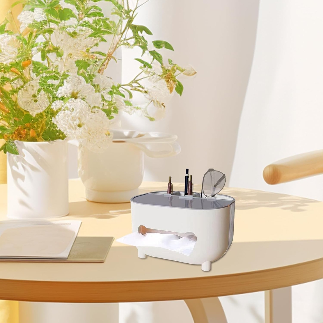 Suport pentru Servetele, Flippy, Cutie Multifunctionala, Design Minimalist, ABS, cu Suport pentru Obiectele Personale, pentru Birou, 21x12x12 cm, Gri