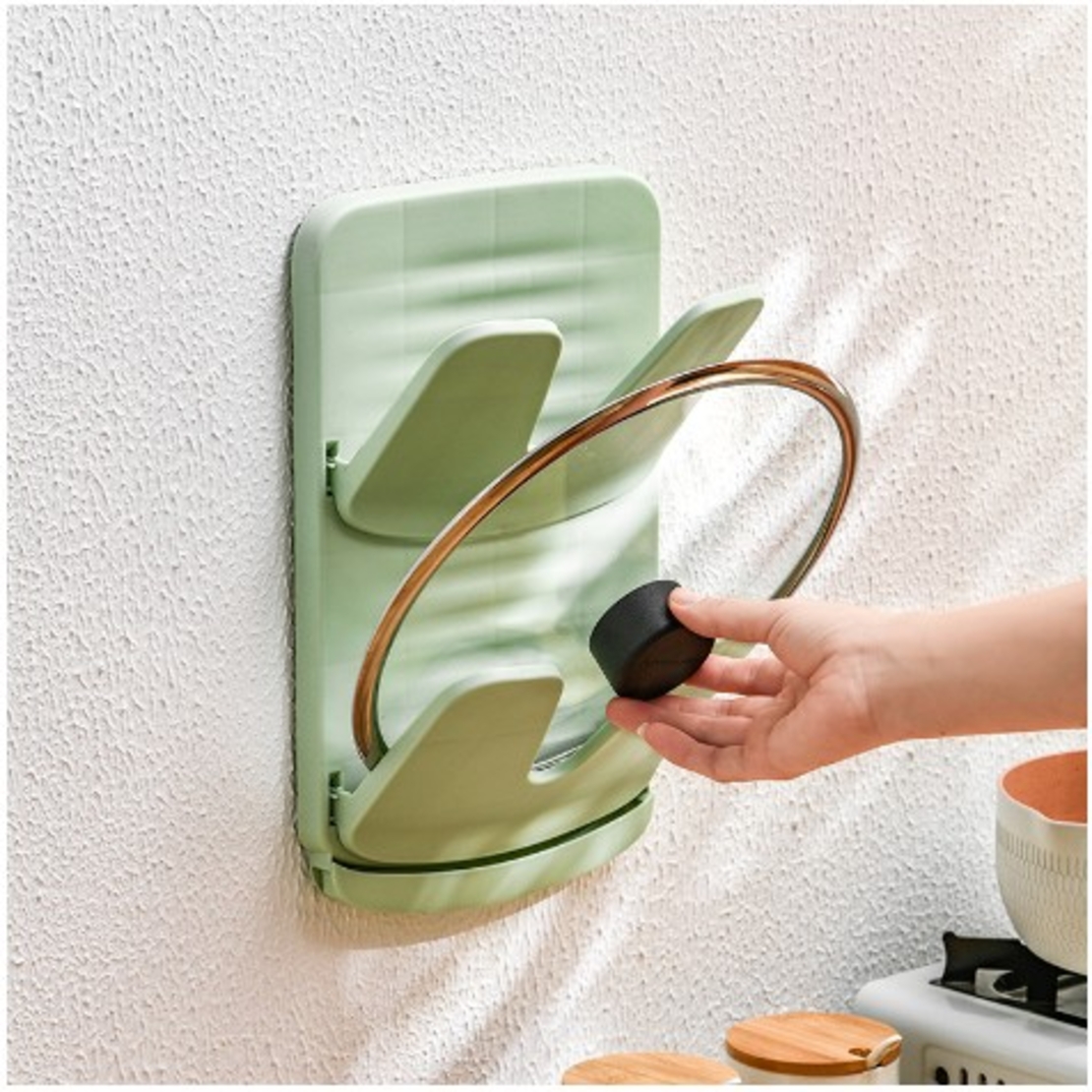 Suport de Bucatarie, Flippy, pentru Capace/Tocatoare, din Plastic, Colectare Apa Scursa, Montare fara Perfoarare, 33.3 x 20.7 x 3.5 cm, Verde