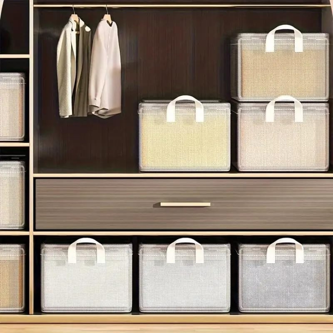 Cutie de Depozitare Tip Cos, Flippy, Material Textil Transparent, Pliabila, 47x28x20 cm, 35 l, Cadru Metalic, cu Manere, Alb