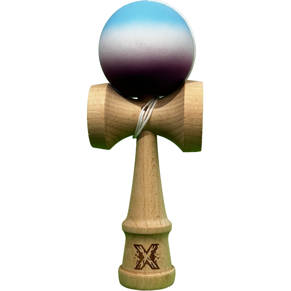 Jucarie Interactiva Kendama X Profesionala, Flippy, din Lemn cu Bila cu Invelis din Cauciuc, 18 cm, Joc de Indemanare pentru Copii si Adulti, Gradient Albastru Alb Mov