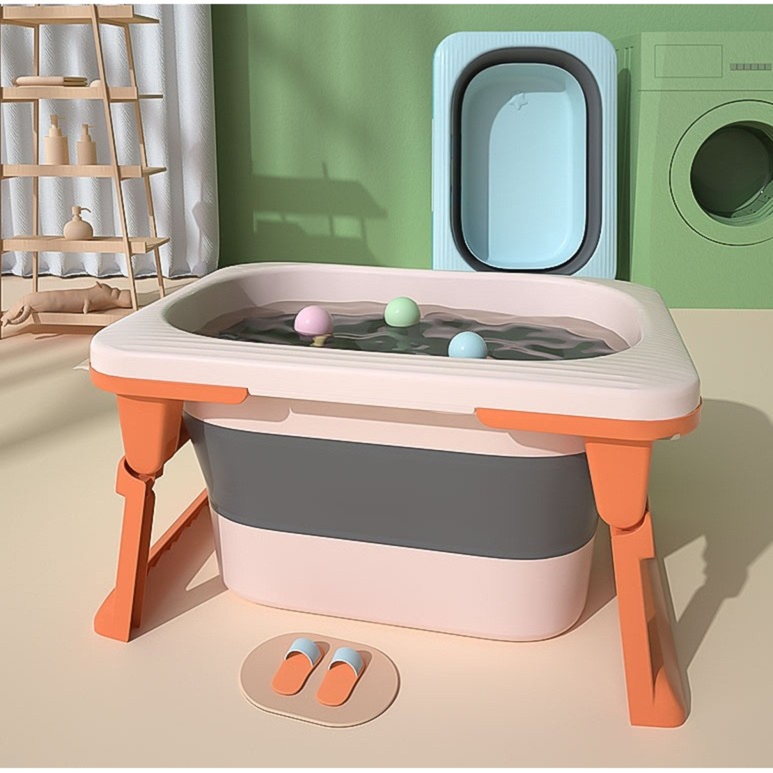 Cada Pliabila pentru Baie, Flippy, din PP+TPE, pentru Copii 0-6 Ani, cu Picioare, Suport de Sezut, Scurgere Etans, 80 x 52 x 42 cm, Portocaliu