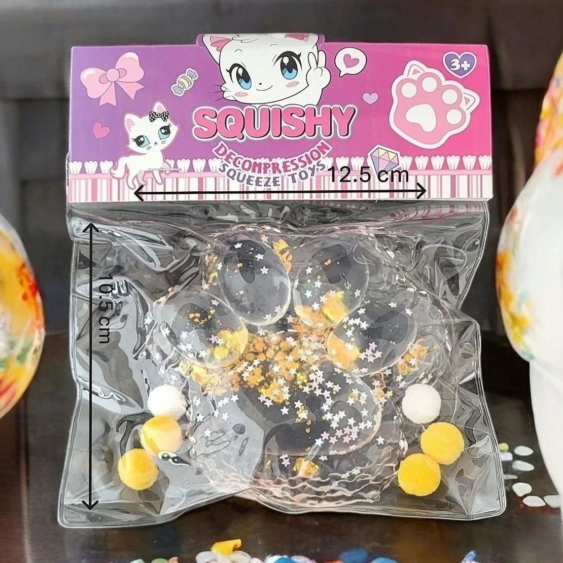 Jucarie Antistres Squishy, Flippy, cu Revenire Lenta, Model Labuta de Pisica Pufoasa, 12.5x10.5 cm, 220g, Squeeze Pinch Family,  Galben Transparent