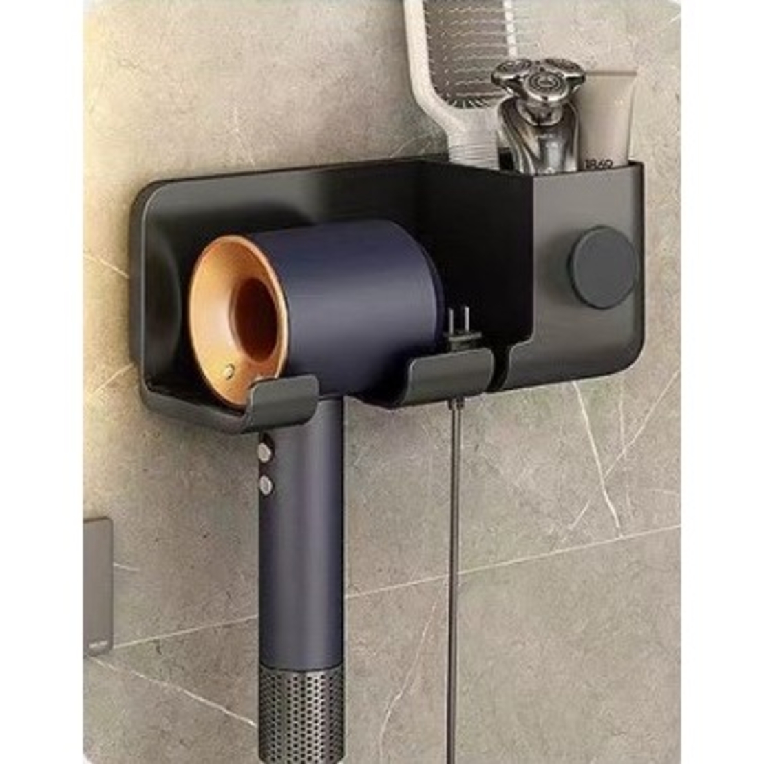 Suport de Baie, Flippy, pentru Uscator de Par, cu Organizator Dublu, din Plastic, Aplicare cu Suport Adeziv, 23 x 8.8 x 9.5 cm, Negru