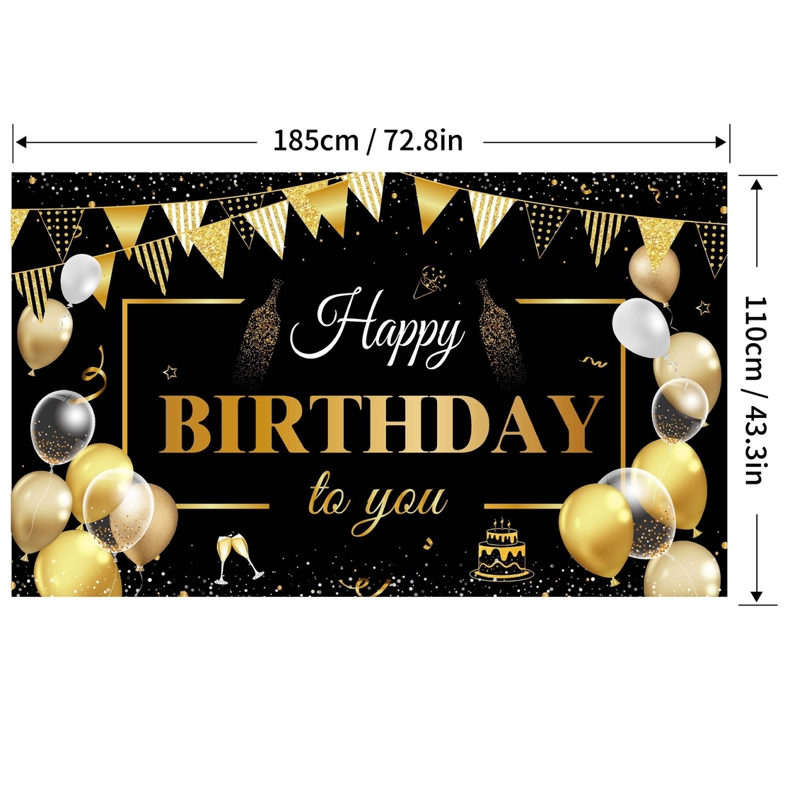 Banner Tip Fundal pentru Poze, Flippy, din Panza, Model Happy Birthday to You, 185 x 110 cm, Sfoara 6 m, Prindere in 4 Colturi, Negru/Auriu