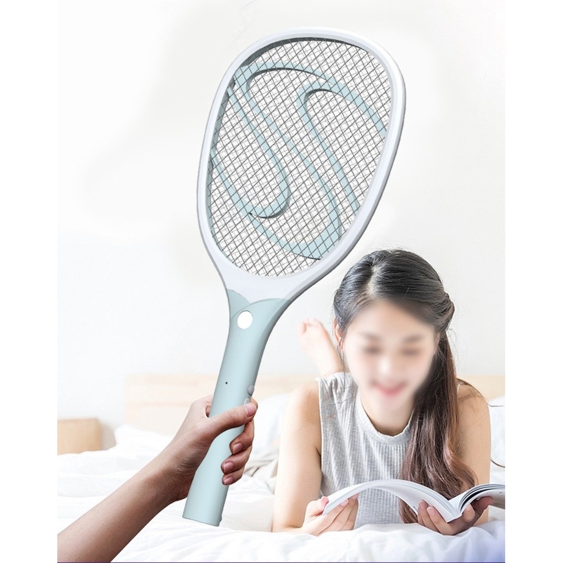 Paleta Electrica pentru Tantari, Muste sau Insecte LED, Flippy, Reincarcabila, Incarcare USB, Plastic, Casa si Gradina, Anti-insecte, Alb-Albastru