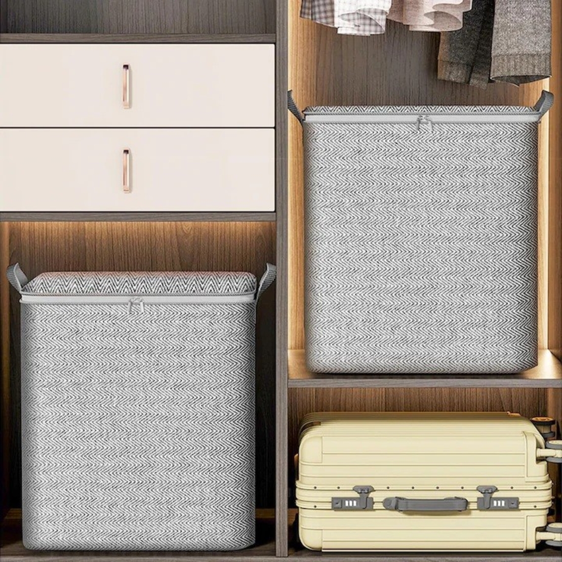 Cutie de Depozitare cu Fermoar, Flippy, Pliabila, Maner Ranforsat, Fermoar Rezistent, pentru Haine, Paturi, Plapumi, Perne, Lenjerii de Pat, Jucarii, 61x50x71 cm, 210 Litri, Gri