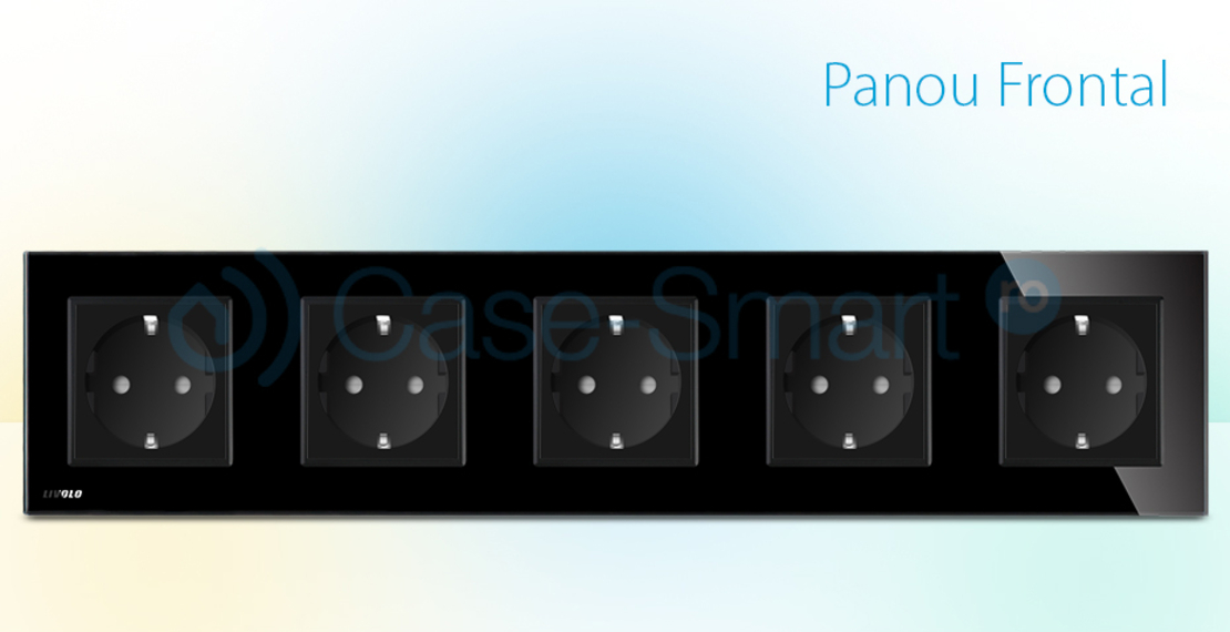 Priza cvintupla Livolo cu rama din sticla, negru