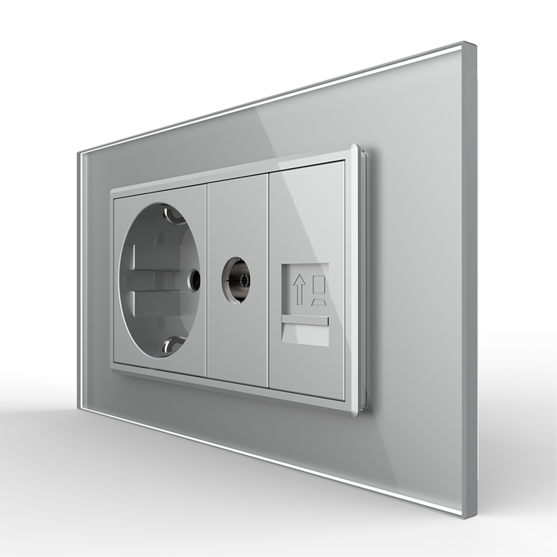 Priza Dubla Livolo cu Rama din Sticla 1 Priza Schuko+TV/internet, Standard Italian - Serie Noua, gri