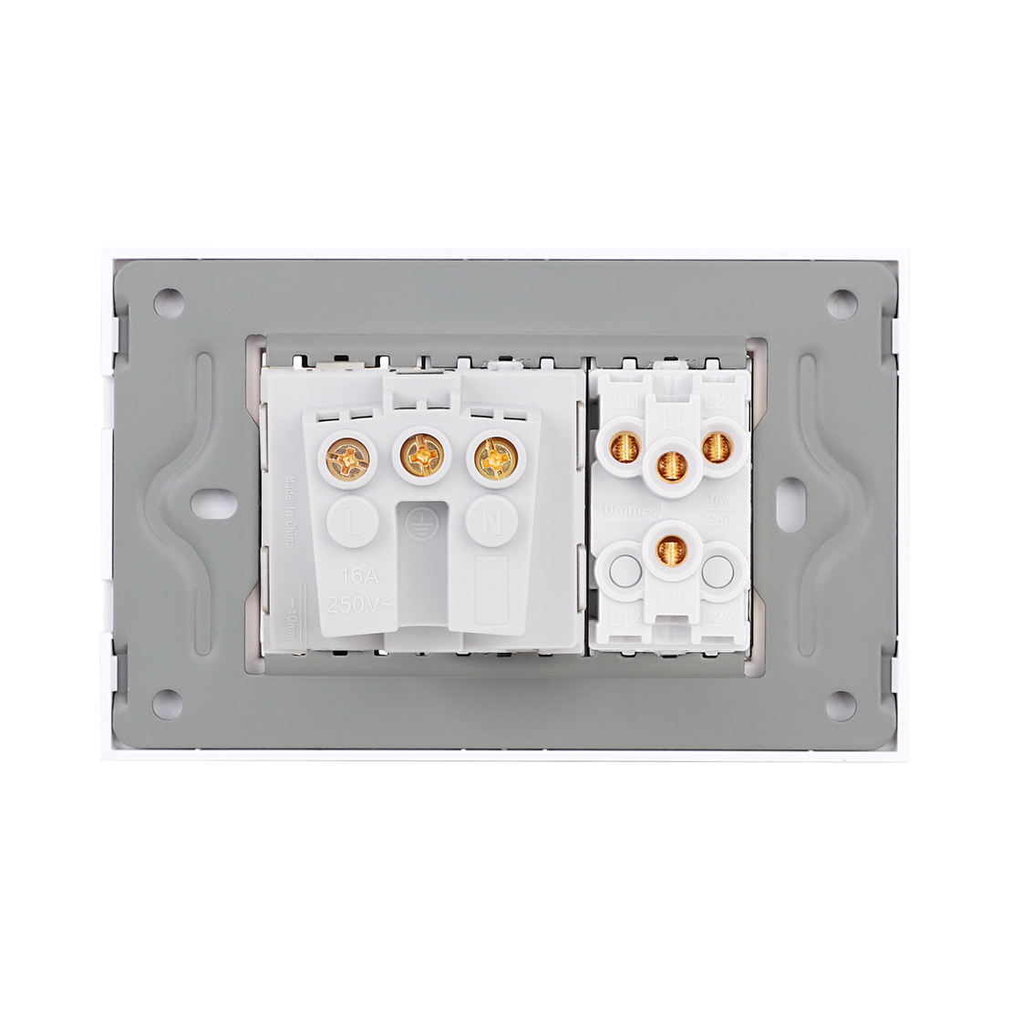 Intrerupator Dublu + Priza cu Rama din Sticla LUXION, Standard Italian, 3M, alb