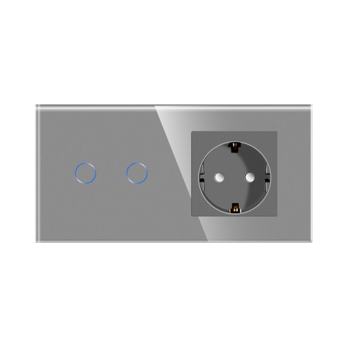 Intrerupator Dublu Cap Scara / Cruce + Priza cu Rama din Sticla LUXION, Serie A, gri