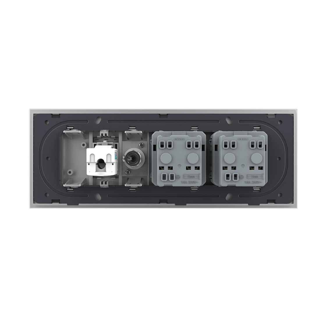 Priza Tripla cu Blank Livolo cu Rama din Sticla 2 Prize Schuko+TV/internet, Standard Italian - Serie Noua, gri