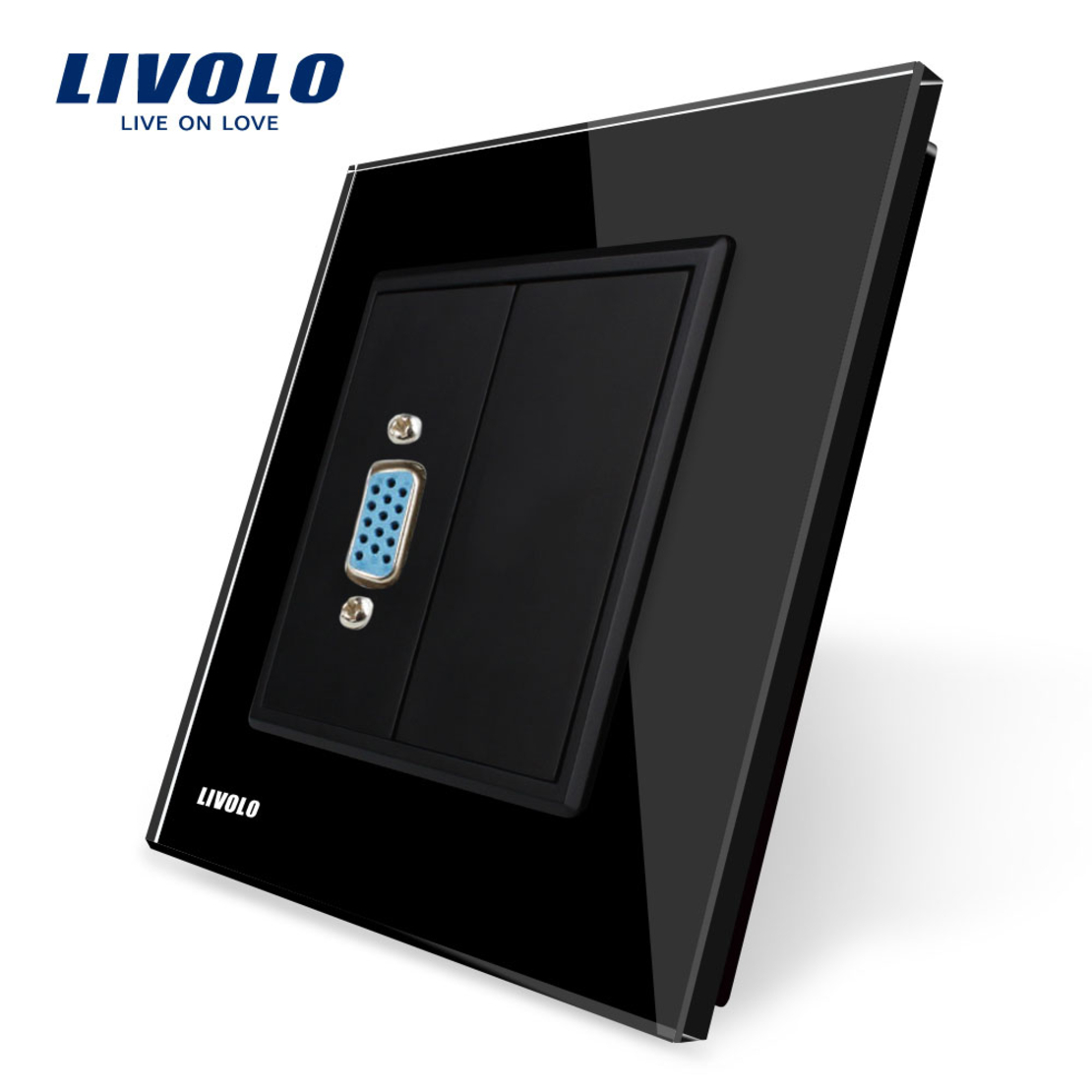 Priza cu mufa VGA mama Livolo cu rama din sticla, negru