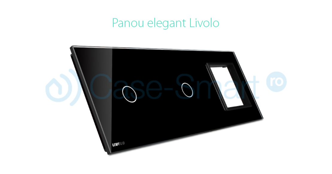Panou 2 intrerupatoare simple cu touch si priza Livolo din sticla, negru