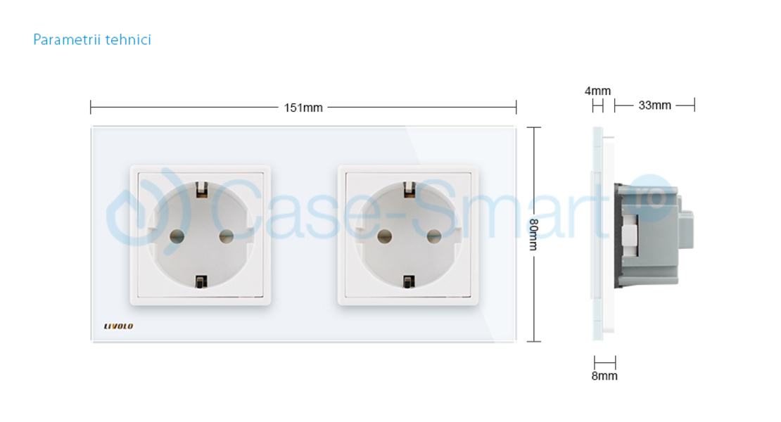 Priza dubla Livolo cu rama din sticla, alb