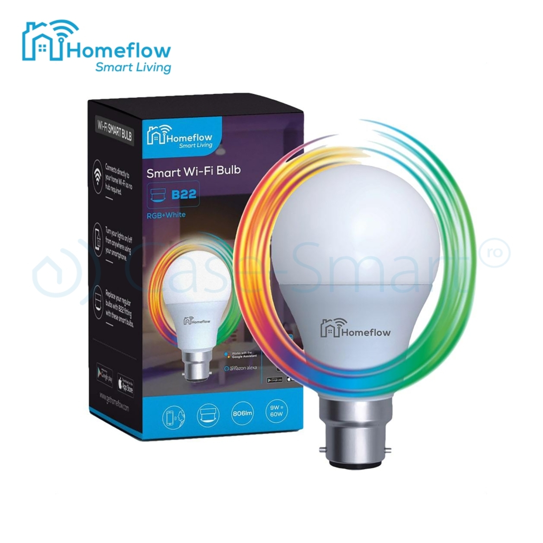Bec inteligent LED Wireless Homeflow B-5006, B22, 9W (60W), 806lm, RGB, dimabil, Control de pe telefonul mobil