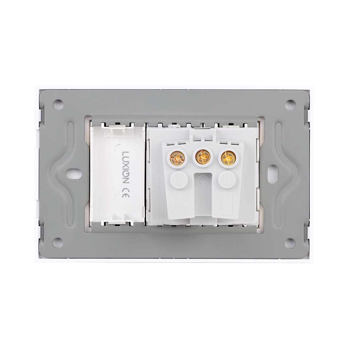 Priza Simpla si 1 Tasta Falsa cu Rama din Sticla LUXION, Standard Italian, 3M, alb