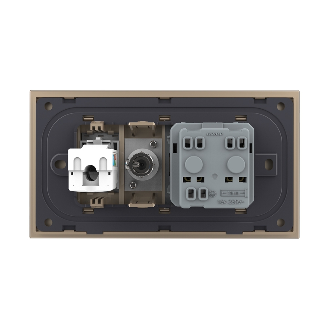 Priza Dubla Livolo cu Rama din Sticla 1 Priza Schuko+TV/internet, Standard Italian - Serie Noua, auriu