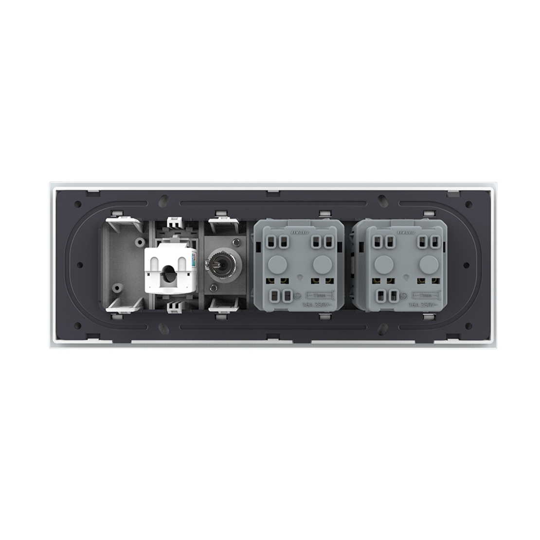 Priza Tripla cu Blank Livolo cu Rama din Sticla 2 Prize Schuko+TV/internet, Standard Italian - Serie Noua, alb