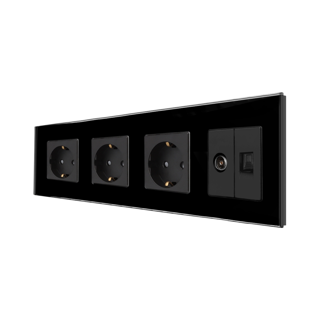 Priza Tripla Schuko + TV + Internet cu Rama Din Sticla LUXION, negru